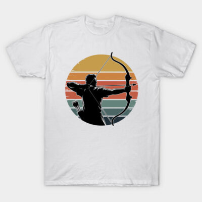 White t-shirt featuring a vintage archery design with a colorful sunset background, perfect for casual wear.