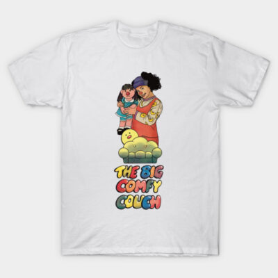 White cotton T-shirt featuring colorful cartoon graphic and text, ideal for casual wear and fans of nostalgic TV shows.