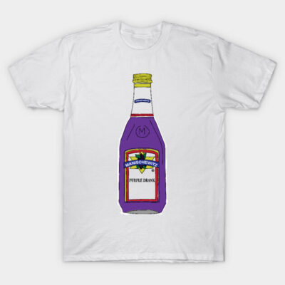 White T-shirt with a colorful illustrated bottle design, casual wear, cotton material, perfect for everyday style.