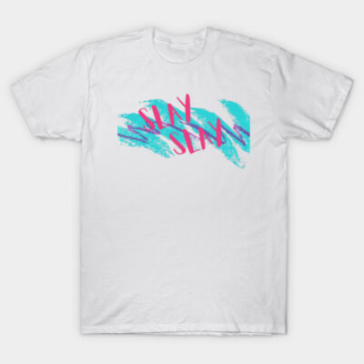 White cotton t-shirt with colorful "Slay" graphic design in blue and pink, casual style for everyday wear.