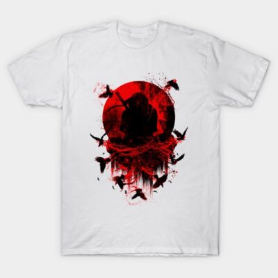 White t-shirt with striking red and black samurai and bird graphic design, perfect for casual wear. Cotton material.