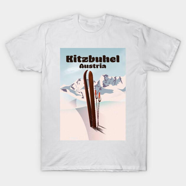 White Kitzbuhel Austria ski graphic t-shirt, casual style, featuring vintage mountain design, perfect for travel enthusiasts.