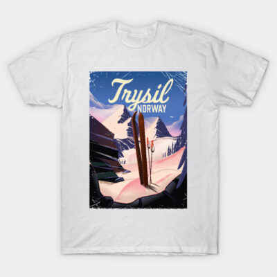 White Trysil Norway graphic t-shirt featuring vintage ski design, perfect for winter sports enthusiasts.