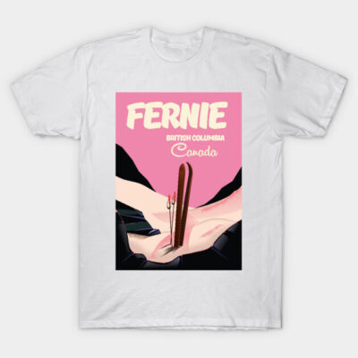 White t-shirt featuring Fernie British Columbia Canada retro design, ideal for casual wear and travel enthusiasts.