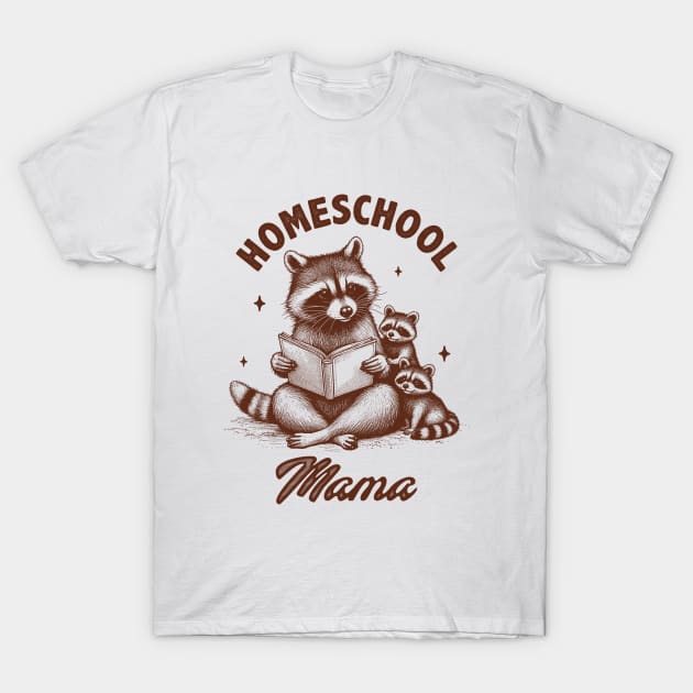 White T-shirt with brown raccoon print, "Homeschool Mama" text, casual style, soft cotton material, unisex design.