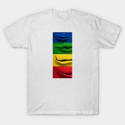 White t-shirt with colorful abstract lips design in blue, green, yellow, red. Casual wear, soft cotton fabric.