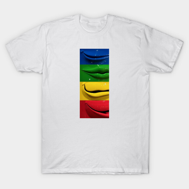White t-shirt with colorful abstract lips design in blue, green, yellow, red. Casual wear, soft cotton fabric.