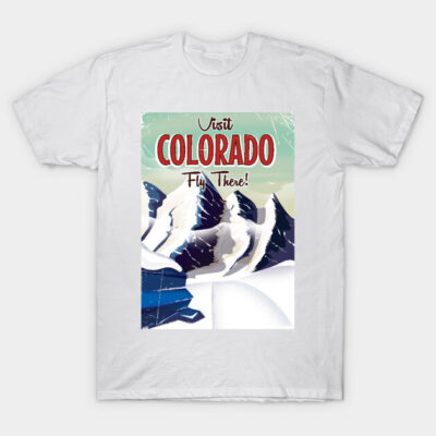 White T-shirt with "Visit Colorado" graphic, featuring snowy mountains. Casual style, perfect for travel enthusiasts.