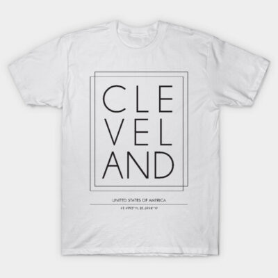 White cotton T-shirt featuring "Cleveland" text design, casual style, perfect for everyday wear, breathable material.