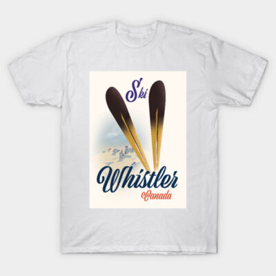 White T-shirt with vintage "Ski Whistler Canada" print, featuring skis and snowy mountain design, ideal for winter sports fans.