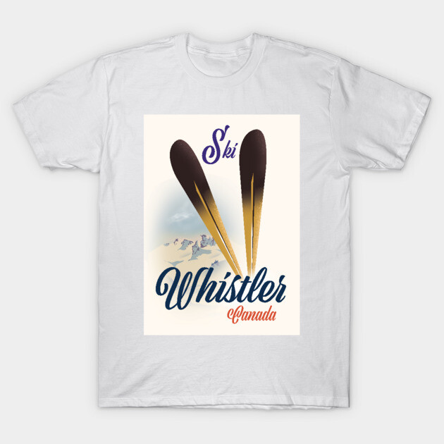 White T-shirt with vintage "Ski Whistler Canada" print, featuring skis and snowy mountain design, ideal for winter sports fans.