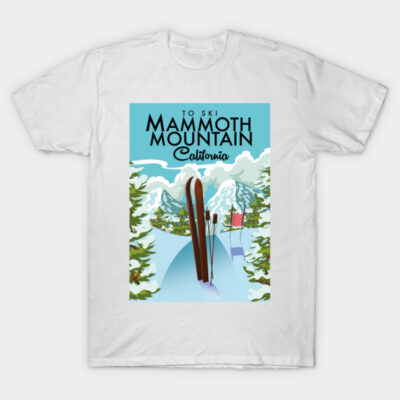 White T-shirt with Mammoth Mountain California ski poster graphic, featuring skis and snowy landscape design.