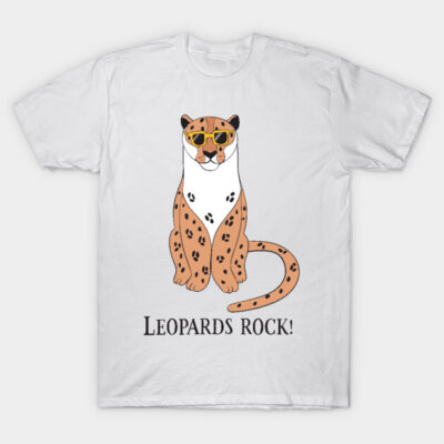 White T-shirt with "Leopards Rock" print, featuring a leopard wearing sunglasses, casual wear, cotton material.