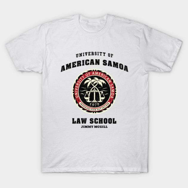 White t-shirt featuring "University of American Samoa Law School" design with seal, casual wear, cotton material.