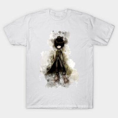White cotton t-shirt featuring a watercolor-style character design, casual wear, artistic and trendy style.