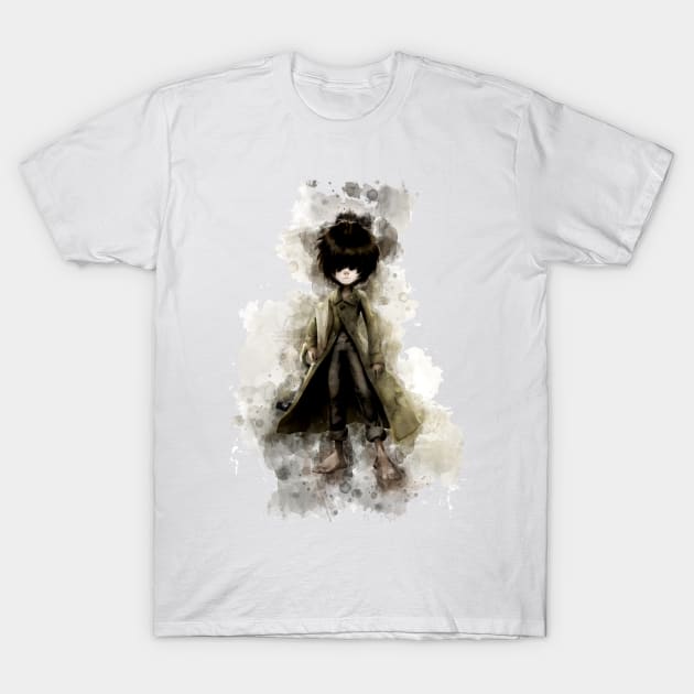 White cotton t-shirt featuring a watercolor-style character design, casual wear, artistic and trendy style.