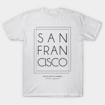 White "San Francisco" graphic tee, cotton material, casual style, unisex, featuring minimalist black text design.