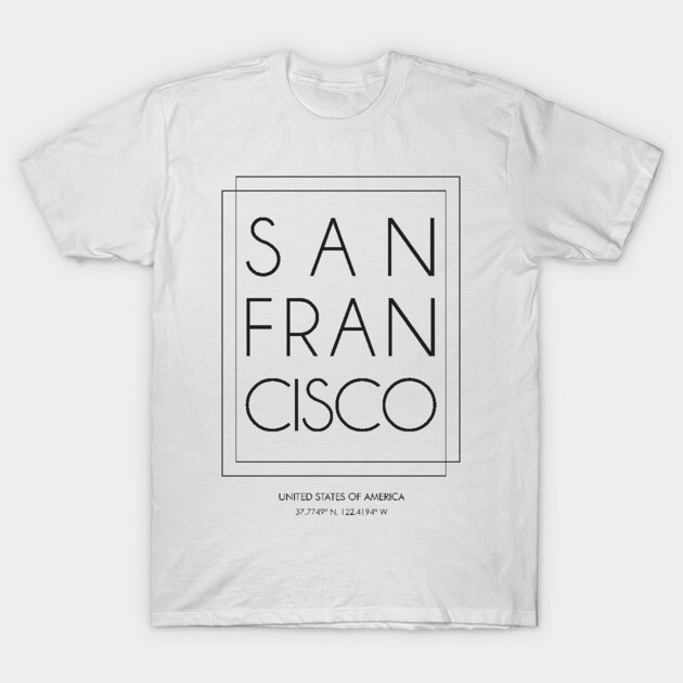 White "San Francisco" graphic tee, cotton material, casual style, unisex, featuring minimalist black text design.