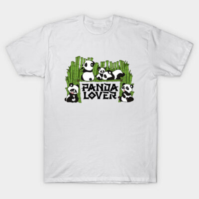 White "Panda Lover" T-shirt with bamboo and panda design, casual wear, cotton material, unisex style.