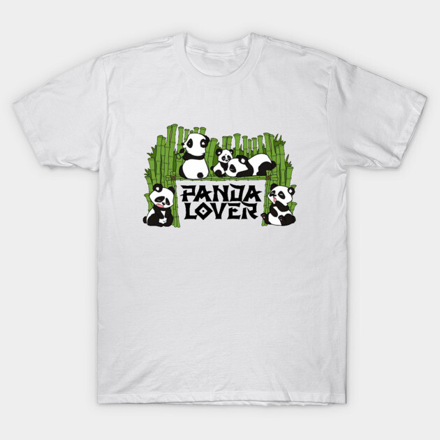 White "Panda Lover" T-shirt with bamboo and panda design, casual wear, cotton material, unisex style.