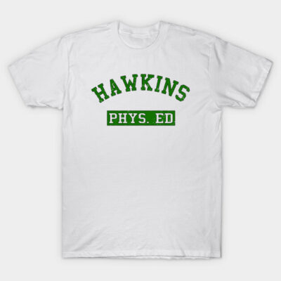White Hawkins Phys. Ed T-shirt with green text, casual style, perfect for everyday wear or sports activities.