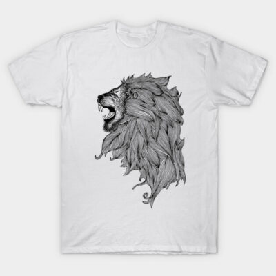 White t-shirt with black lion illustration, cotton material, casual style, perfect for everyday wear.