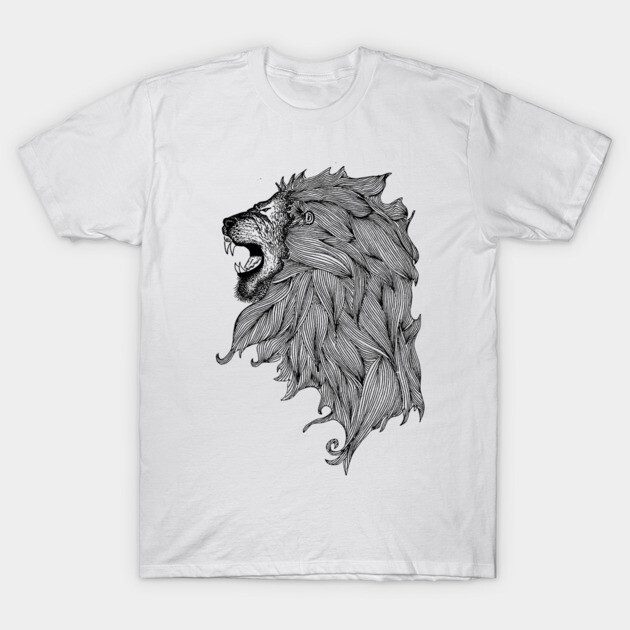 White t-shirt with black lion illustration, cotton material, casual style, perfect for everyday wear.
