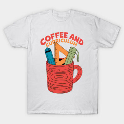 "White t-shirt with 'Coffee and Curriculum' print, featuring red mug with stationery design, casual and educational style."