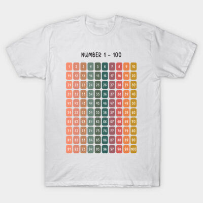 White t-shirt with colorful numbers 1-100 print, casual style, soft cotton material, educational graphic design.