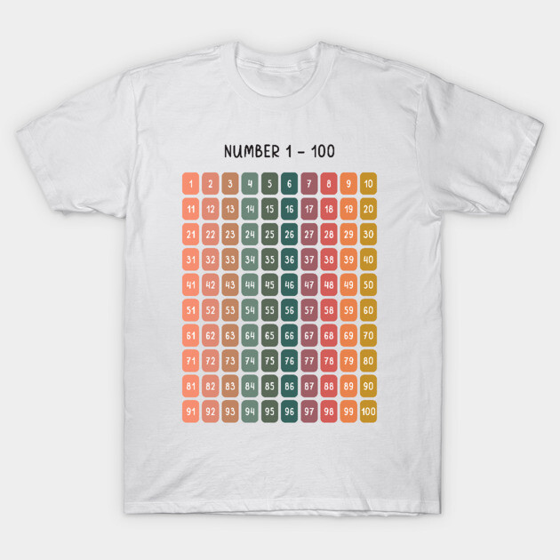White t-shirt with colorful numbers 1-100 print, casual style, soft cotton material, educational graphic design.