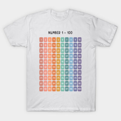 White T-shirt with colorful numbers 1-100 grid design, casual style, ideal for math enthusiasts, cotton material.