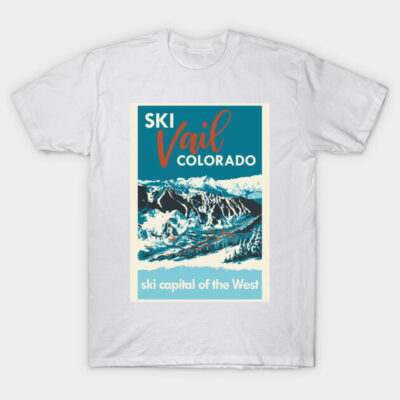 White t-shirt featuring a vintage "Ski Vail Colorado" design, ideal for ski enthusiasts and casual wear.