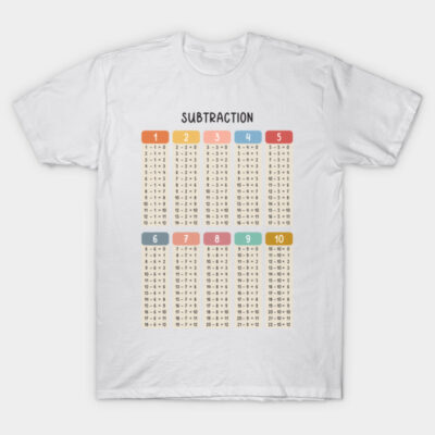 White T-shirt with colorful subtraction chart print, educational design for kids, 100% cotton casual wear.