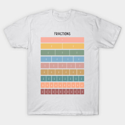 White t-shirt with colorful fractions chart design, educational style, math-themed clothing for learning and teaching.