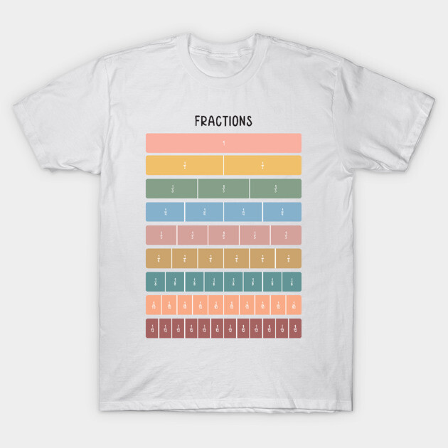 White t-shirt with colorful fractions chart design, educational style, math-themed clothing for learning and teaching.