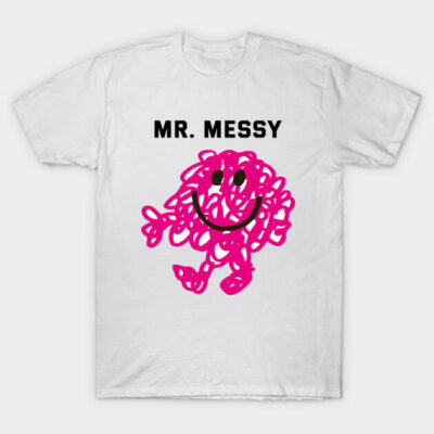 White t-shirt with pink cartoon graphic and "Mr. Messy" text, casual cotton top for everyday wear.