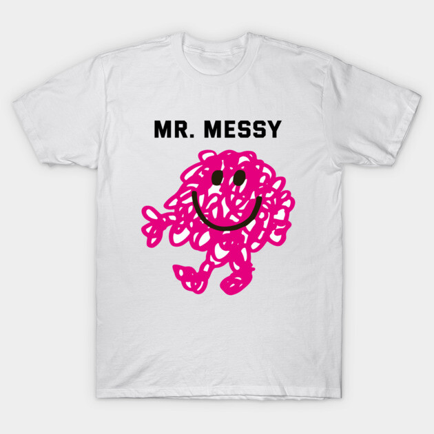 White t-shirt with pink cartoon graphic and "Mr. Messy" text, casual cotton top for everyday wear.