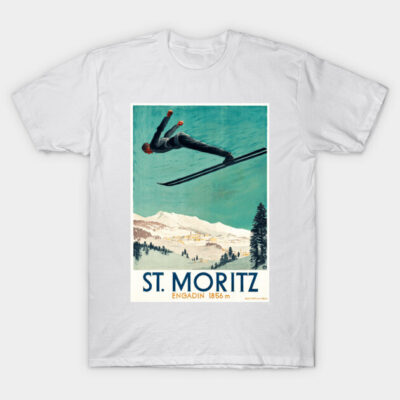 White T-shirt featuring vintage St. Moritz ski poster design, ideal for casual wear and winter sports enthusiasts.