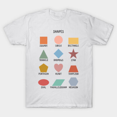 White T-shirt featuring colorful geometric shapes design, ideal for casual wear. 100% cotton, unisex style.