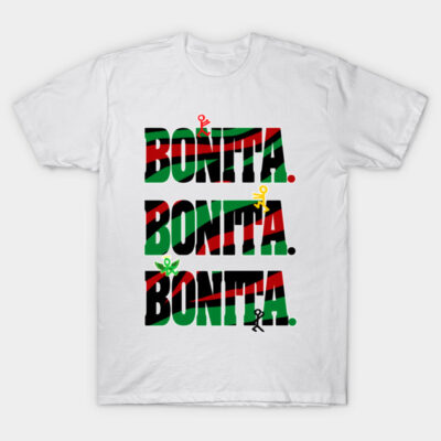 White t-shirt with "Bonita" text in black, red, and green. Casual design for daily wear. Soft cotton material.