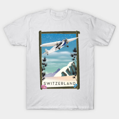 White t-shirt featuring Switzerland graphic with airplane and mountains, ideal for travel enthusiasts, casual style.