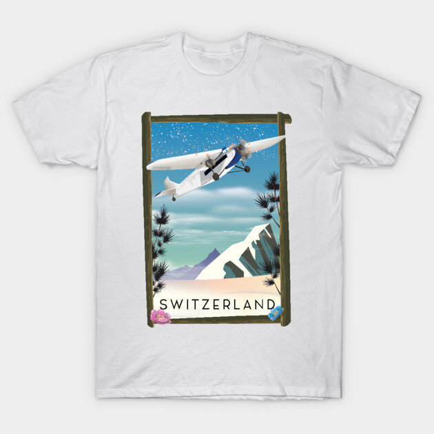 White t-shirt featuring Switzerland graphic with airplane and mountains, ideal for travel enthusiasts, casual style.