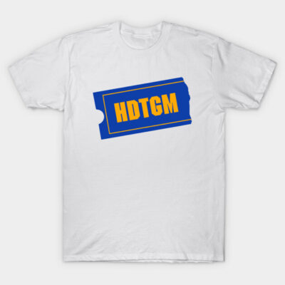 White T-shirt with blue ticket design and yellow "HDTGM" text, casual wear, cotton material.