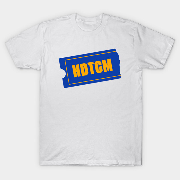 White T-shirt with blue ticket design and yellow "HDTGM" text, casual wear, cotton material.