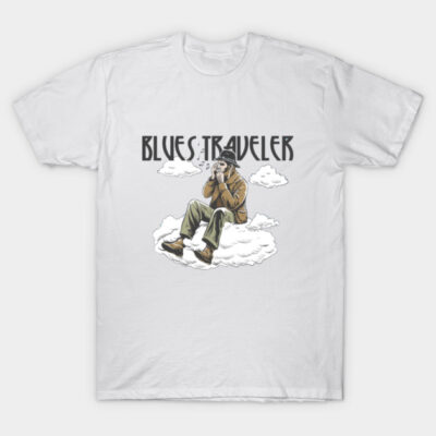 White t-shirt featuring "Blues Traveler" graphic, showcasing a musician on a cloud, perfect for casual wear.
