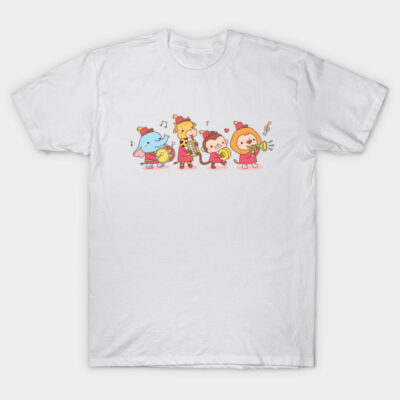 White cotton t-shirt with cute animal band cartoon print, unisex casual wear, ideal for music lovers and kids.