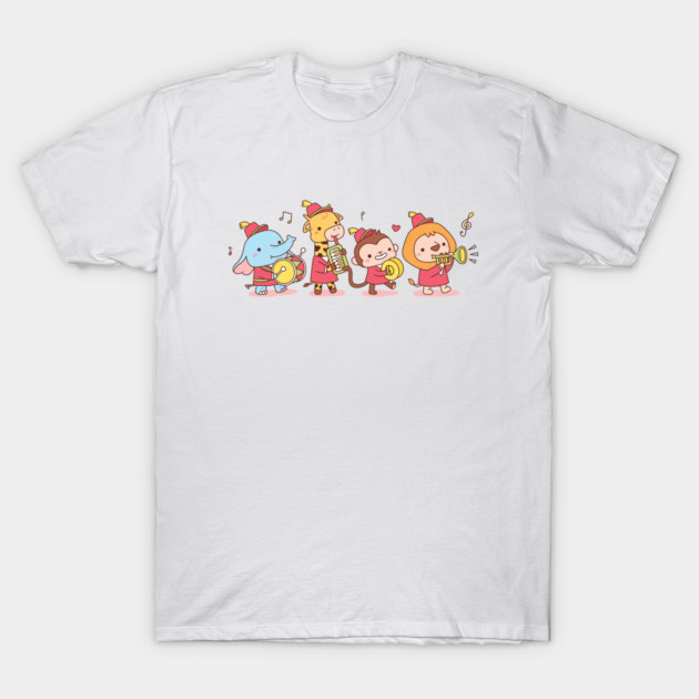 White cotton t-shirt with cute animal band cartoon print, unisex casual wear, ideal for music lovers and kids.