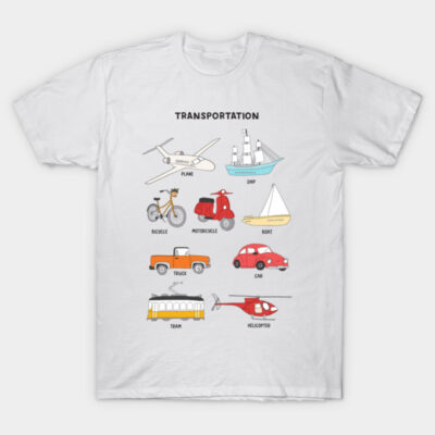 White t-shirt with colorful transportation vehicle illustrations, casual unisex style, cotton material.