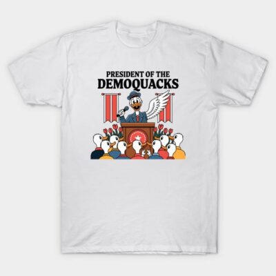 White cotton T-shirt featuring "President of the Demoquacks" cartoon design, perfect for casual wear.