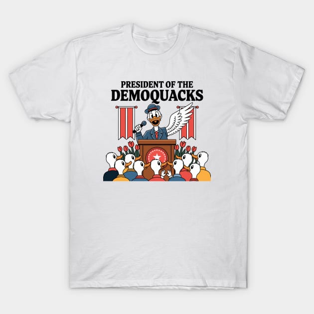 White cotton T-shirt featuring "President of the Demoquacks" cartoon design, perfect for casual wear.